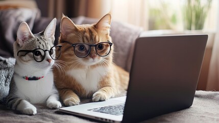A humorous scene featuring a cat and dog, both wearing glasses, sitting in front of a laptop, is perfect for illustrating pets, humor, and work-from-home concepts