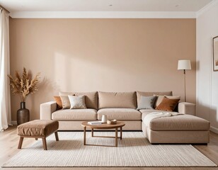 Fototapeta premium Stylish modern living room. A spacious sofa and minimalist decor in earthy tones create a warm and inviting living area, perfect for relaxation.