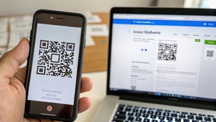 A hand holding a smartphone displaying a QR code, while a laptop in the background shows a webpage with similar QR codes.