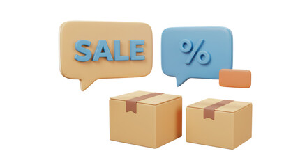 Obraz premium Isolated 3D Boxes with Sale Tags and Percentage Icon