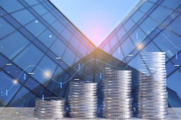 Rising real estate prices. Building, coins and graphs, multiple exposure