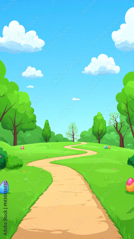 Poster a path through a park with trees and a clear blue sky. the path is lined with eggs and there are a f