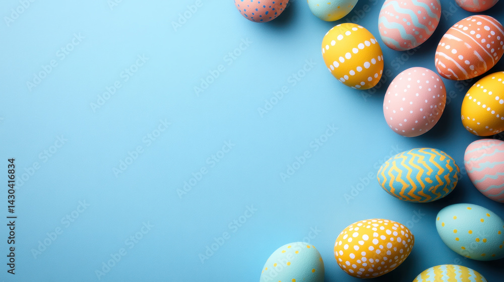Poster a blue background with a row of colorful eggs. the eggs are painted with different colors and patter