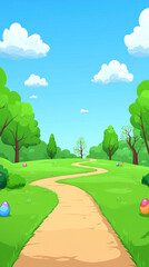 A path through a park with trees and a clear blue sky. The path is lined with eggs and there are a few birds in the background