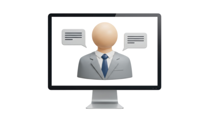Isolated 3D Render of Business Person on Computer Screen with Speech Bubbles