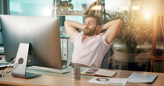Man, relax or computer with rest for done, finished tasks or job completion at office desk. Businessman, employee or break on technology for productive day, performance or free time at workplace