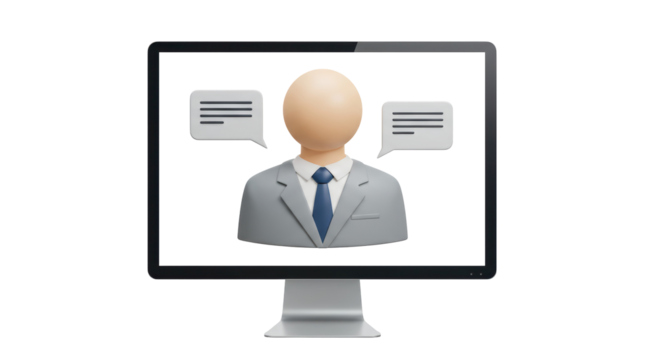 Isolated 3D Render of Business Person on Computer Screen with Speech Bubbles - Powered by Adobe