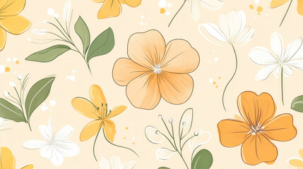 A colorful floral pattern with yellow and white flowers. The flowers are drawn in a stylized way, with some of them having green leaves. Scene is cheerful and bright