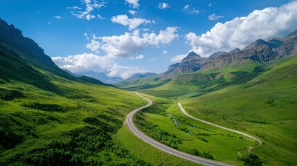 Scenic mountain road winding through lush green valley under blue sky with clouds.