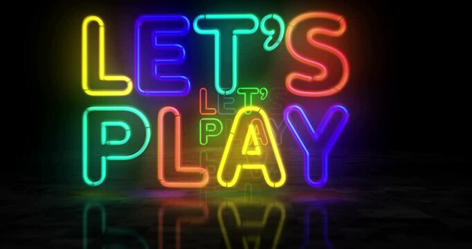 Let's play game neon symbol. Light color bulbs. Lets play gaming abstract seamless and loopable concept. 3d flying through the tunnel animation.