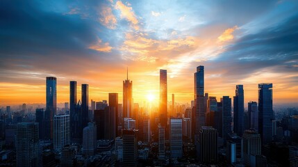 Stunning sunset over a modern skyline with towering skyscrapers and vibrant colors.