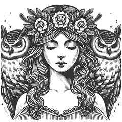 woman with long flowing hair, wearing a floral headpiece, accompanied by detailed owl, symbolizing wisdom and nature sketch engraving generative ai vector illustration. Scratch board. Black and white.