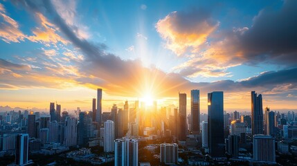 Fototapeta premium Stunning sunset over a vibrant city skyline with dramatic cloud formations.