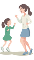 lose up side profile view photo two people brown haired mum small little daughter hands arms raised aggressive yelling fighting sick depression isolated on transparent white backgrouind, png. 