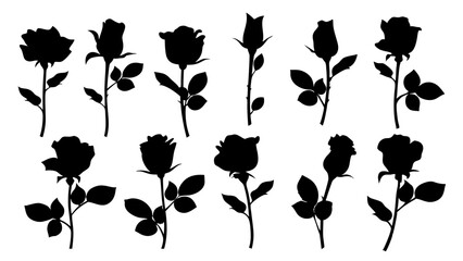 set of rose with leaves silhouette vector on white background