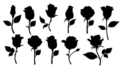 set of rose with leaves silhouette vector on white background