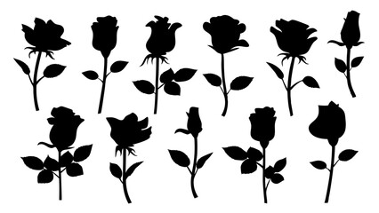 set of rose with leaves silhouette vector on white background