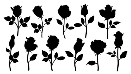 set of rose with leaves silhouette vector on white background
