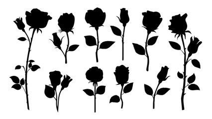 set of rose with leaves silhouette vector on white background