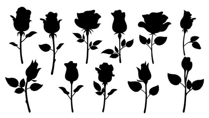 set of rose with leaves silhouette vector on white background