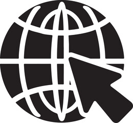 Silhouette vector EPS icon of an internet globe with a cursor, perfect for web navigation, online services, and digital communication designs..