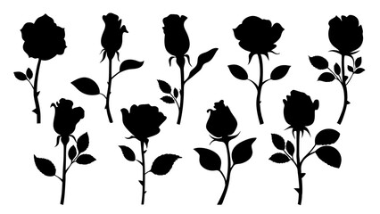 set of rose with leaves silhouette vector on white background
