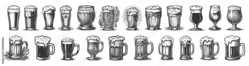 Poster wide variety of beer glasses and frothy mugs in different shapes and styles sketch engraving generat