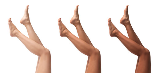 Women showing legs with smooth skin after epilation procedure on white background, closeup. Collage...