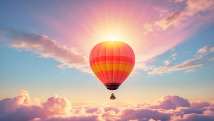 Fototapeta premium A serene and distant hot air balloon, radiant against a vibrant morning sky, glows with a warm, golden light, evoking a sense of optimism and hope as the sun rises