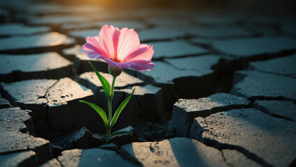 A delicate, yet resilient flower, its petals a vibrant shade of pink, blooming triumphantly through a network of deep, dark cracks in the worn, grey concrete casting empowerment of strength control