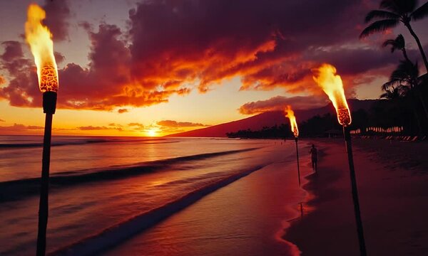 Sunset over a serene beach with tiki torches illuminating the shoreline at dusk