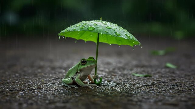 A green tree frog holding a leaf as an umbrella in the rain on a wet surface outdoors