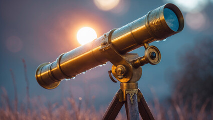 A brass telescope, adorned with intricate engravings, stands majestically on a rustic wooden tripod with morning dew, the warm golden light of sunrise evokes a sense of wonder, awe, and amazement