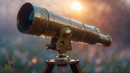A brass telescope, adorned with intricate engravings, stands majestically on a rustic wooden tripod with morning dew, the warm golden light of sunrise evokes a sense of wonder, awe, and amazement
