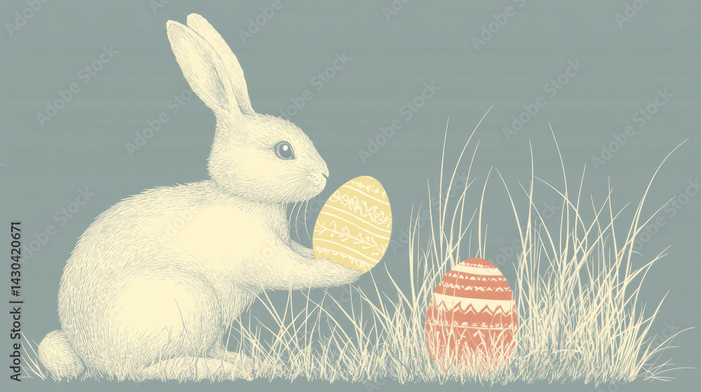 Poster a rabbit holding an egg in its mouth. the rabbit is sitting in a field of grass. scene is lightheart