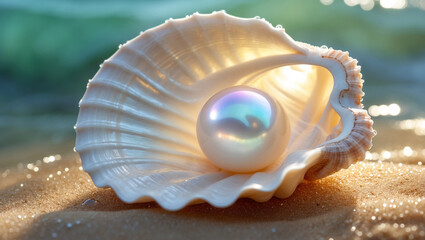 A delicately curved, creamy white half open pearl seashell rests upon warm, golden sunlit sand beach, evoking a sense of wonder, awe, and amazement