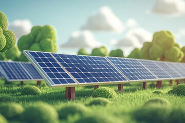 Minimalist 3D cartoon solar plant, rows of panels, bright design for renewable energy themes.