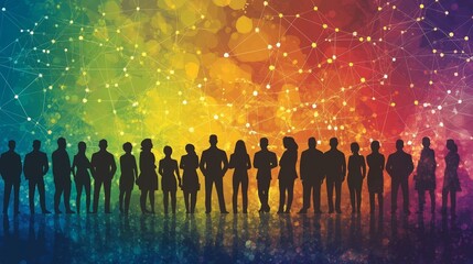 Against an abstract network background, multiple silhouetted business professionals are shown engaging in networking activities that foster team collaboration and effective leadership through