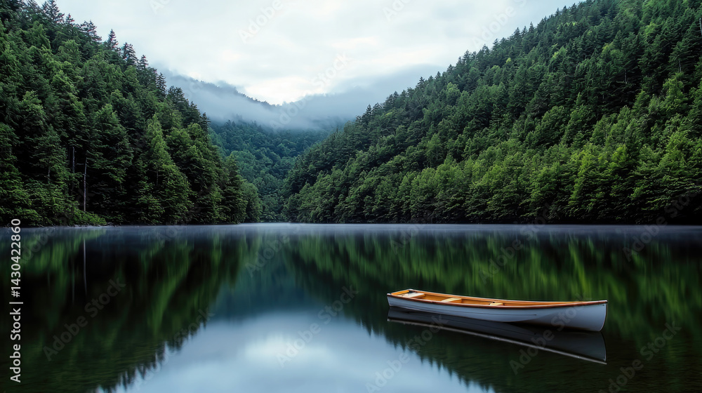 Aufkleber serene landscape of lake surrounded by lush green forests, with small white boat gently floating on 