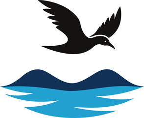 silhouette bird flying above lake logo.