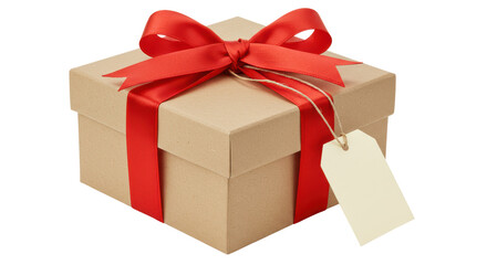 Isolated Gift Box with Red Ribbon and Blank Tag