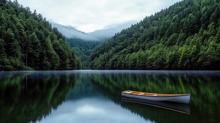 Obraz premium serene landscape of lake surrounded by lush green forests, with small white boat gently floating on calm water. misty mountains in background add to tranquil atmosphere