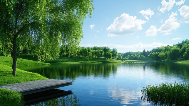 Serene landscape with a peaceful lake and lush greenery under a bright blue sky.