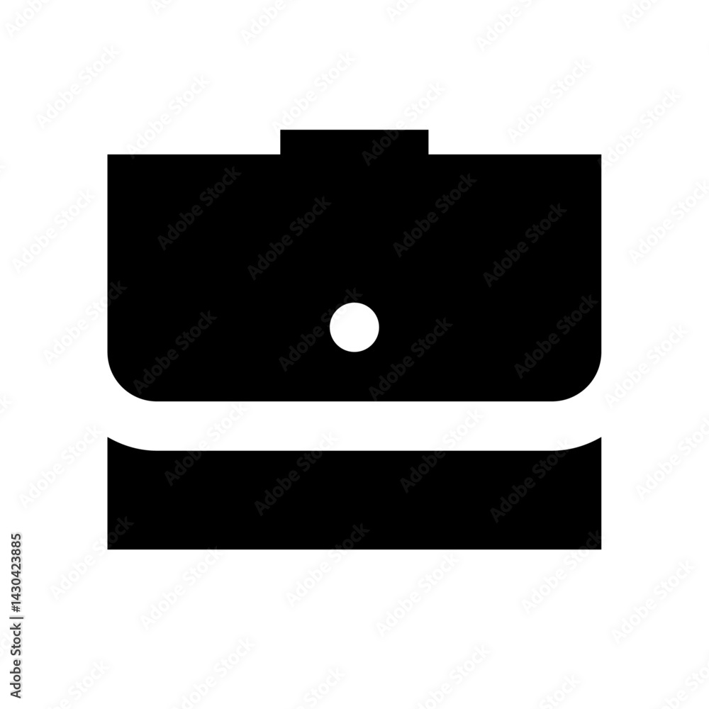 Poster illustration of a black briefcase with a white button and white horizontal stripe design element ico