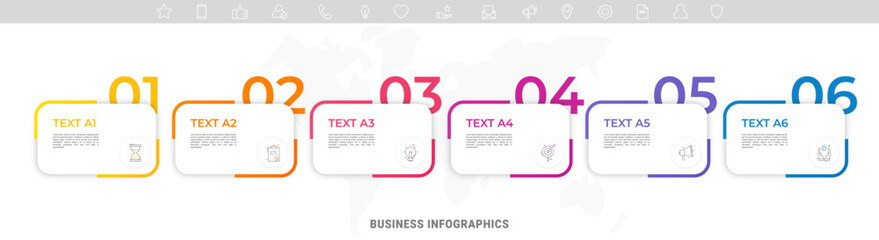 Modern vector flat illustration. Infographic numbers template with six rectangles, elements, icons. Timeline designed for business, presentations, web design, interface, diagrams with 6 steps