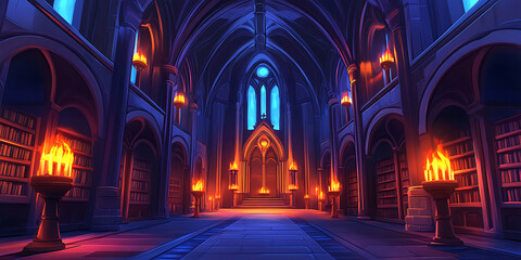 Fototapeta premium Mystical Gothic Hall with Glowing Candles Wallpaper Background for Fantasy Settings, Atmospheric Designs, or Medieval Vibes