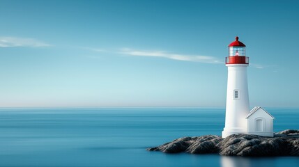 A striking white and red lighthouse standing on rocky shores with a tranquil ocean backdrop.