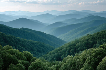 Naklejka premium The mountains are covered in lush green trees and the sky is a beautiful shade of blue. Concept of peace and tranquility, as if one were standing at the top of a mountain