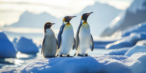 Group of penguins in snow Arctic environment. World penguin day