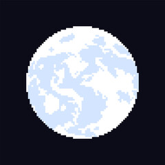 Pixel moon. Pixelated full moon isolated on black background. Space satellite for the pixel art video game, 16 bit icon for website.